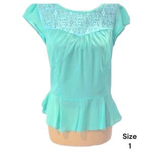 Cache Cache Lightweight Lace Embroidery Chiffon Aqua Color Blouse, Top - Size 1